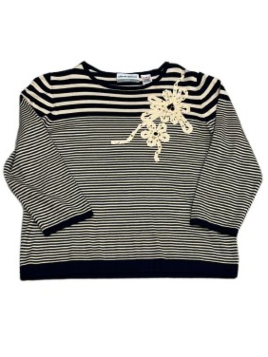 NWT Alfred Dunner Petite Black & Cream Strip 3/4 Sleeve Knit Top Sweater - Picture 1 of 3